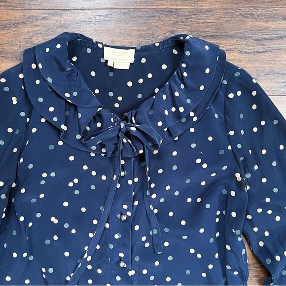 Kate Spade • Lynette Blouse silk polka dot navy blue ruffle collar bow tie neck - Picture 3 of 14
